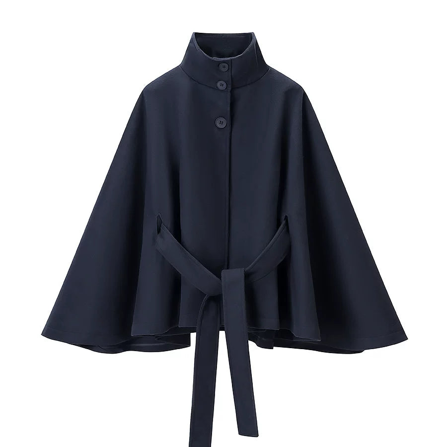 Navy belted cape with stand collar, front view