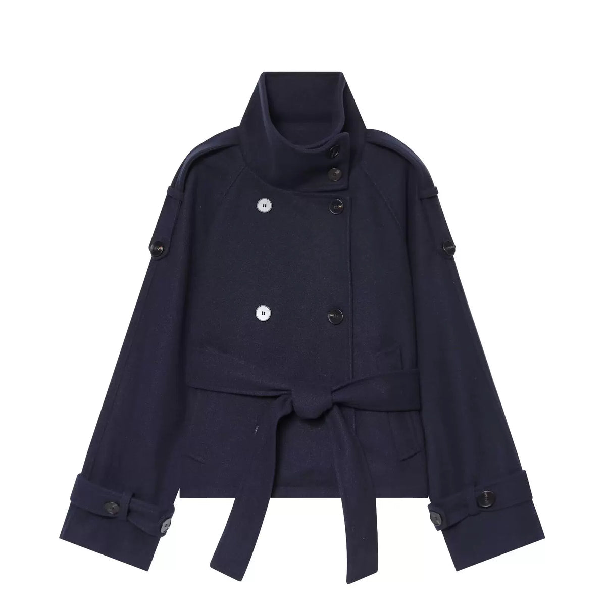 Navy short double-breasted belted jacket, front view