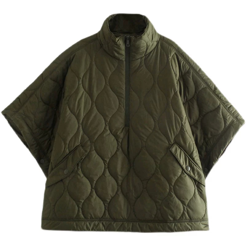 Green quilted puffer cape with half zip, front view