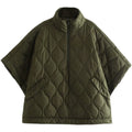 Green quilted puffer cape with half zip, front view