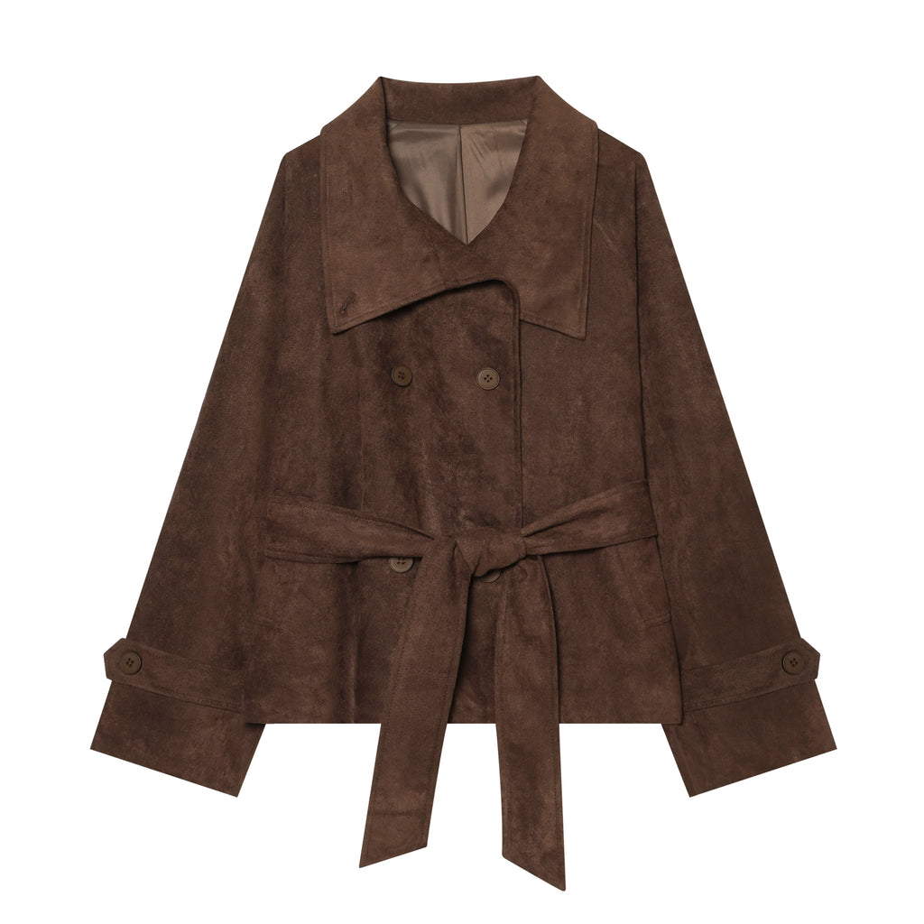 Dark brown faux suede belted jacket with wide collar, front view