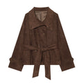 Dark brown faux suede belted jacket with wide collar, front view