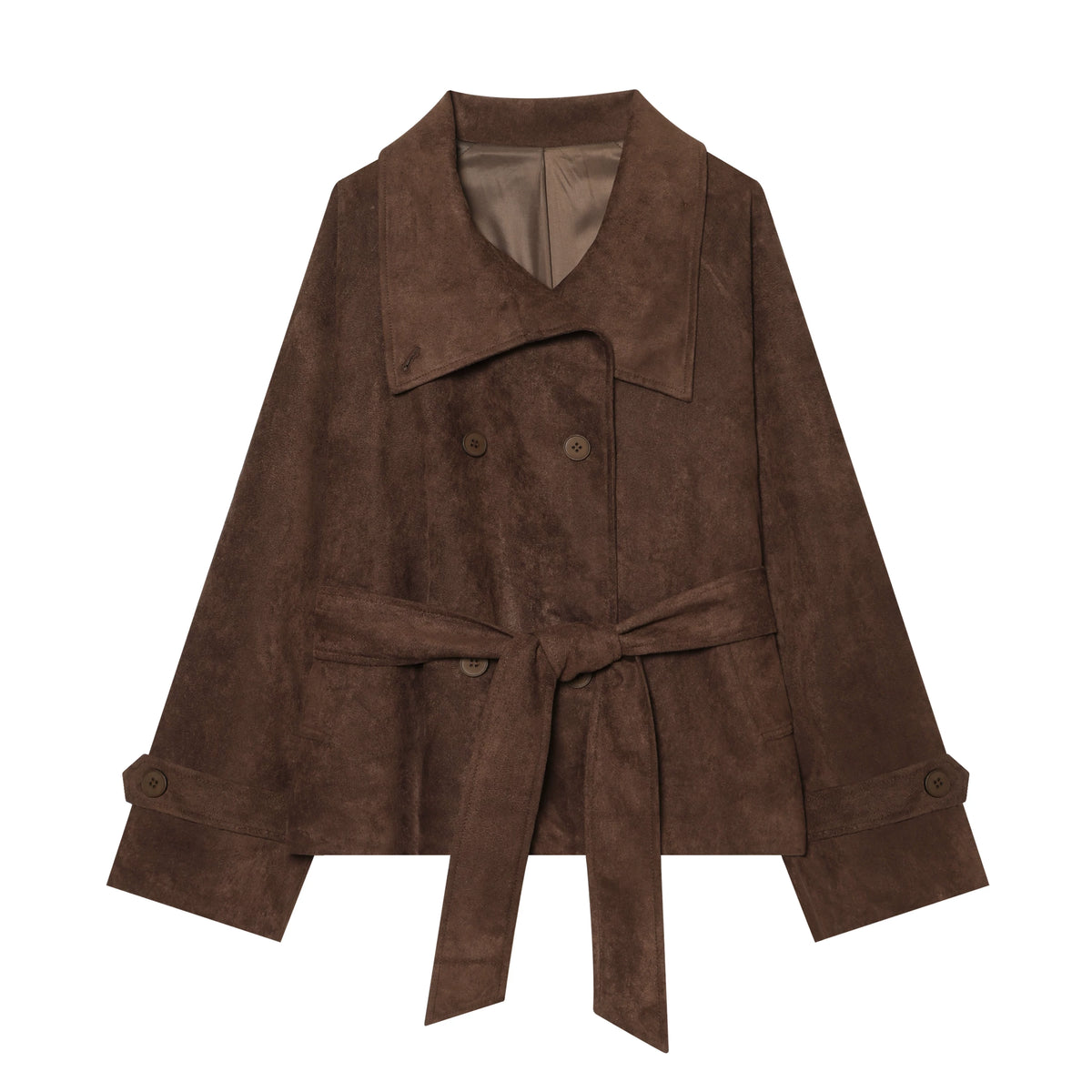 Dark brown faux suede belted jacket with wide collar, front view