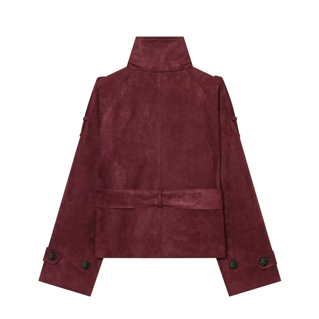 Burgundy faux suede jacket, back view
