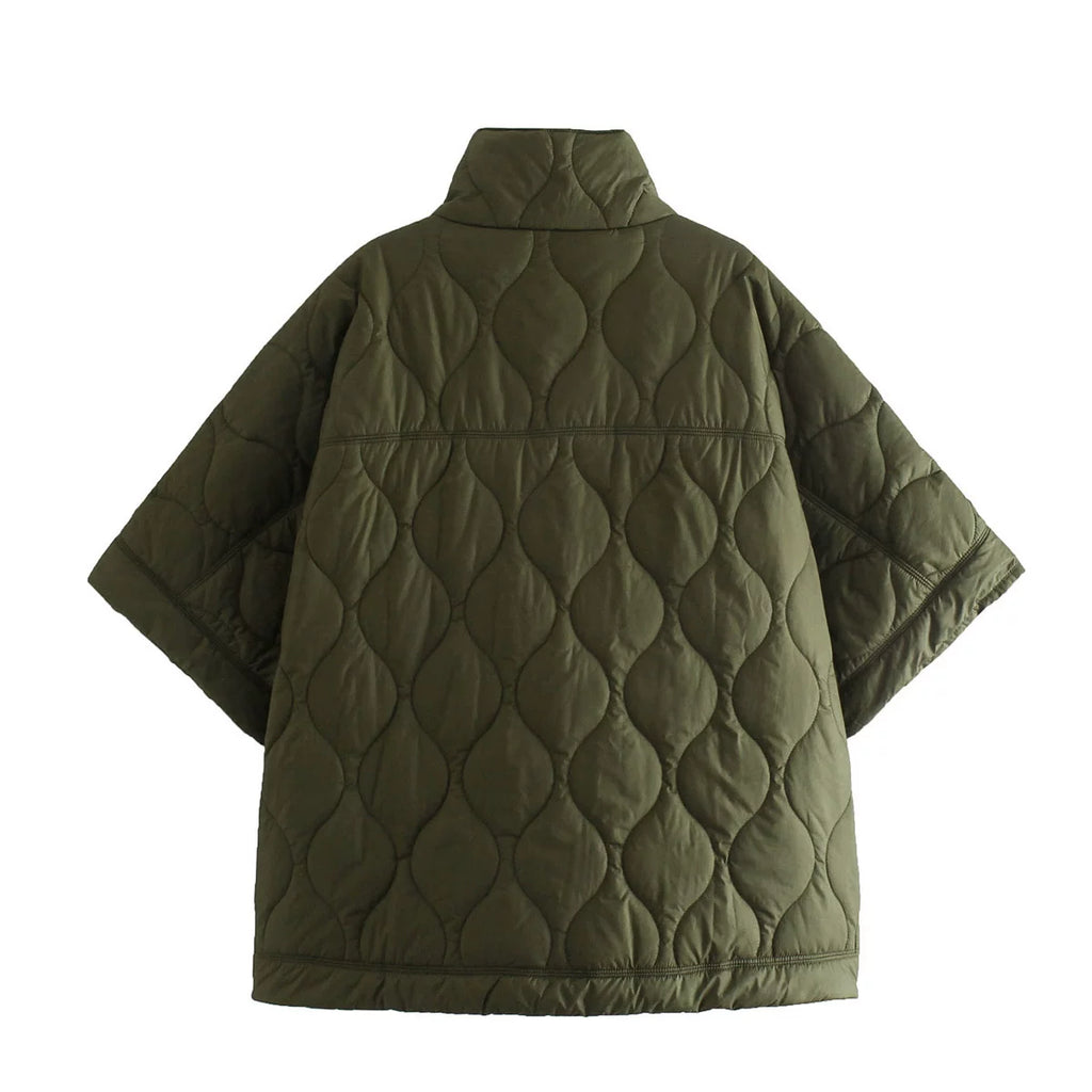 Green quilted puffer cape, back view