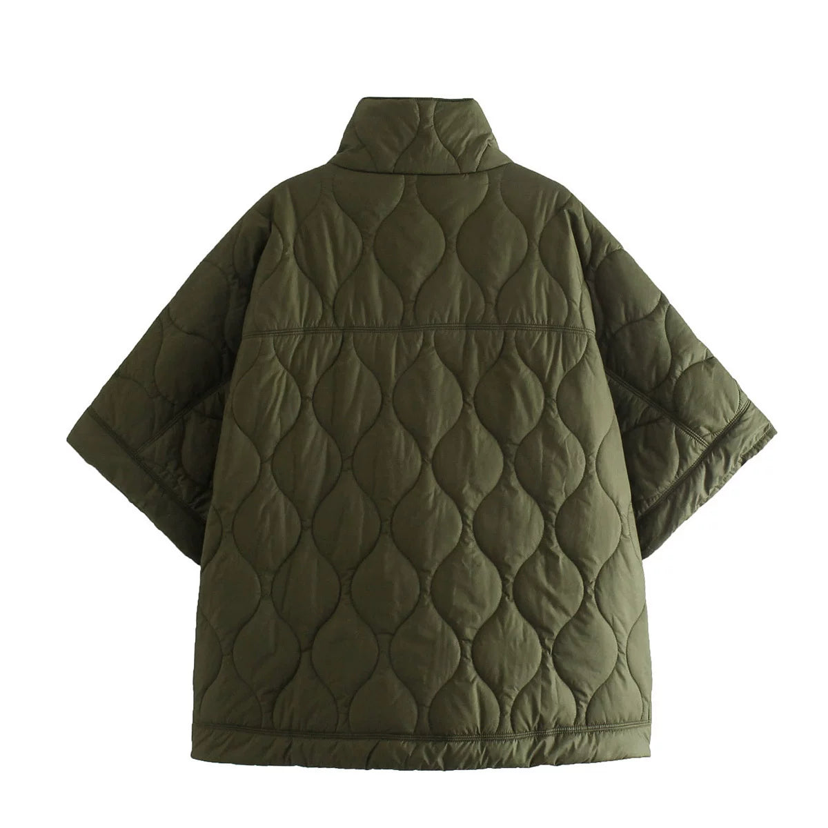 Green quilted puffer cape, back view