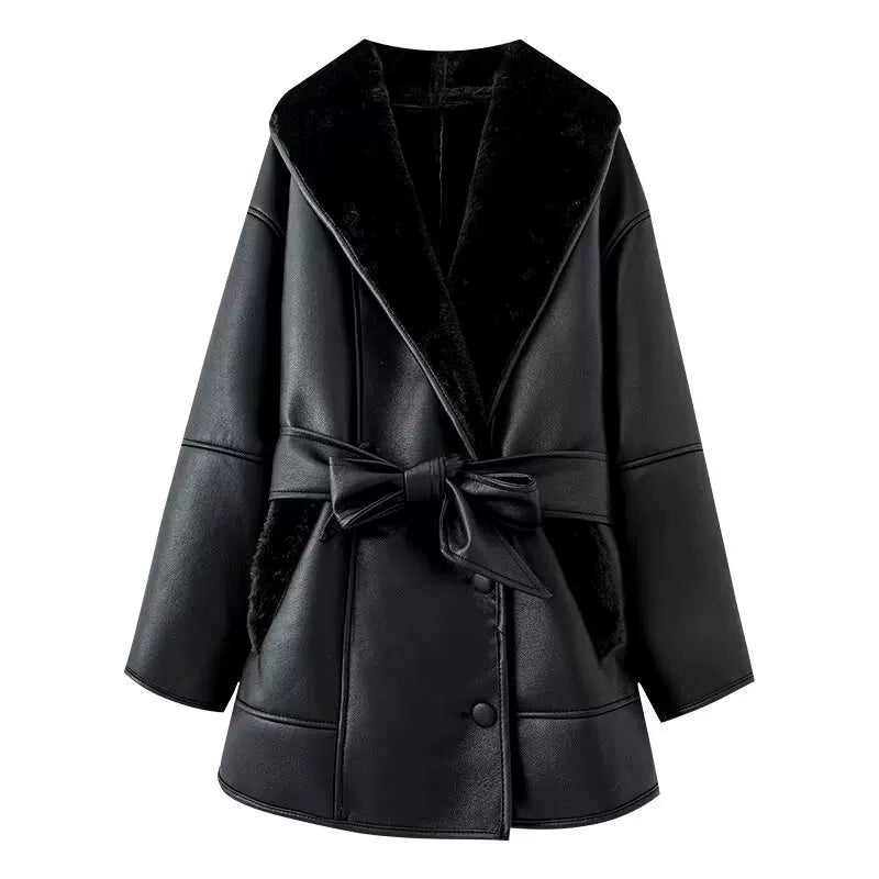 Black faux shearling-lined belted coat, front view