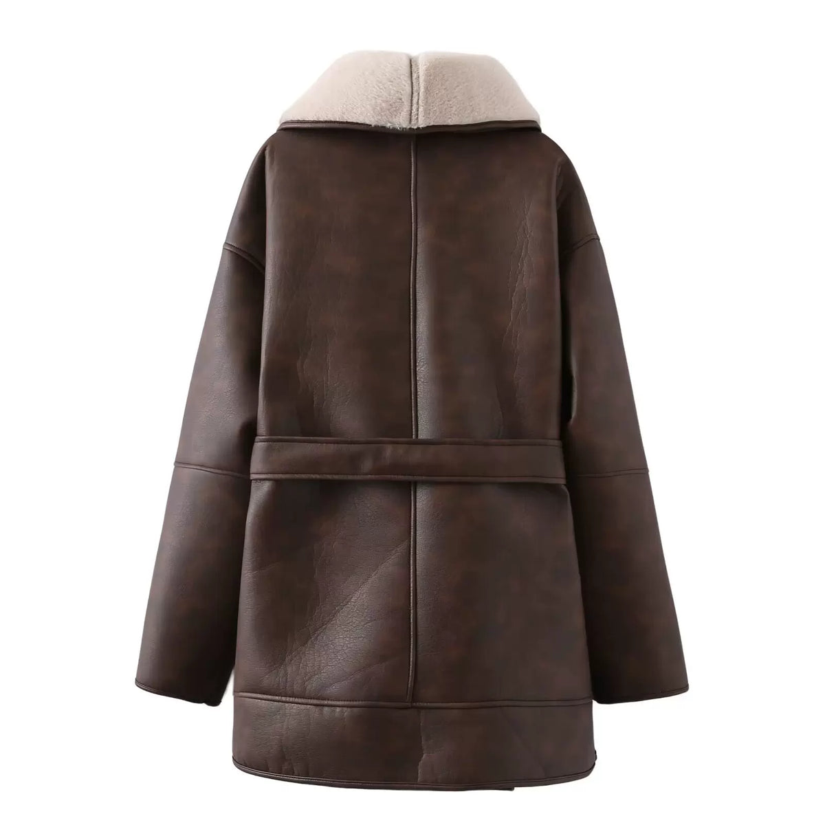 Brown faux shearling-lined coat, back view