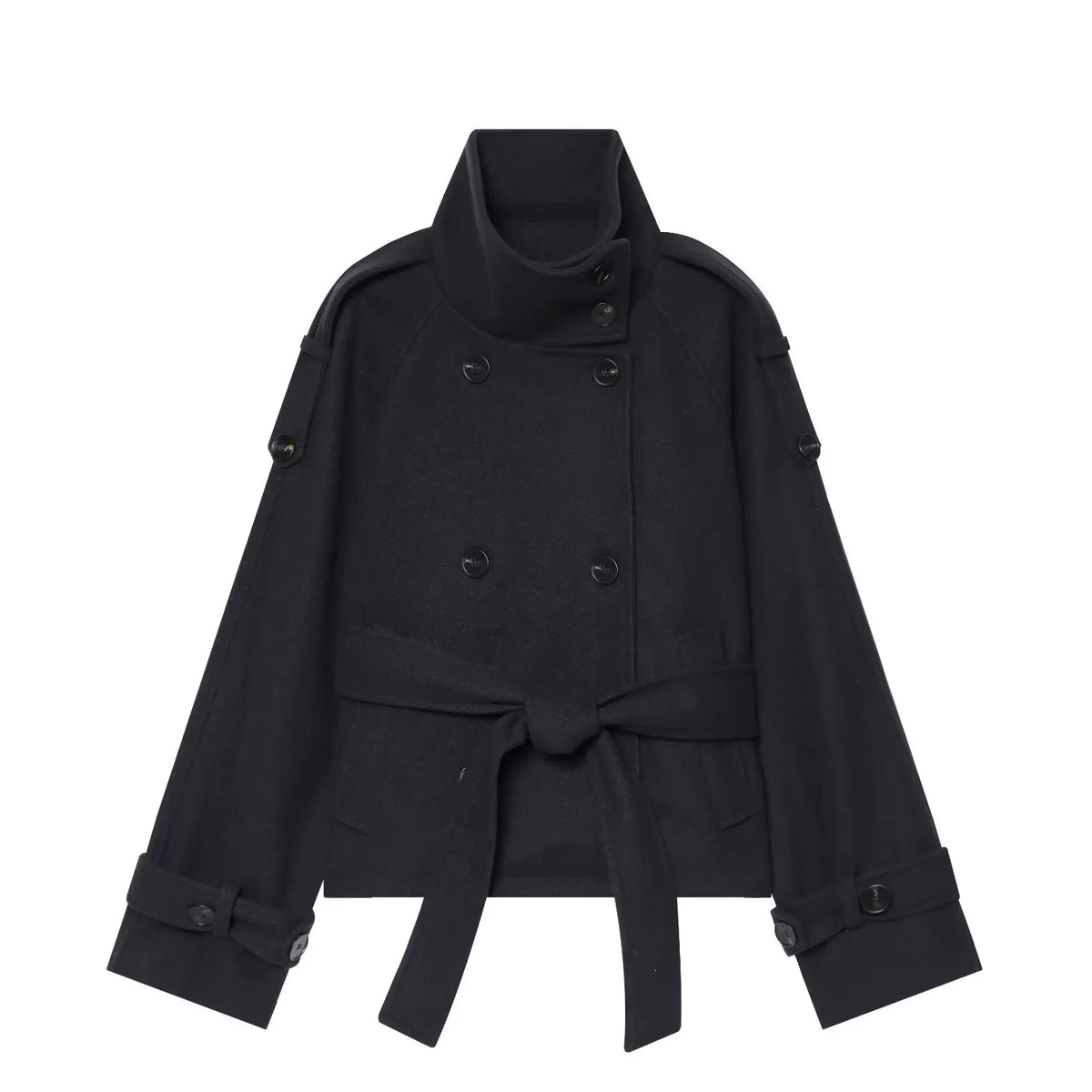 Black short double-breasted belted jacket, front view