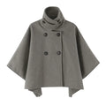 Grey double-breasted cape coat with funnel neck, front view