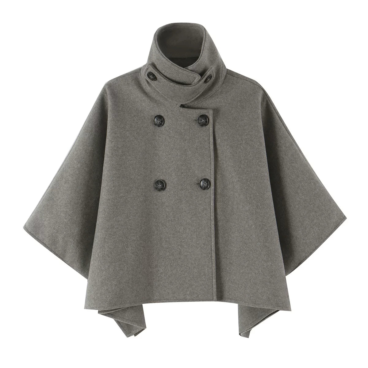 Grey double-breasted cape coat with funnel neck, front view