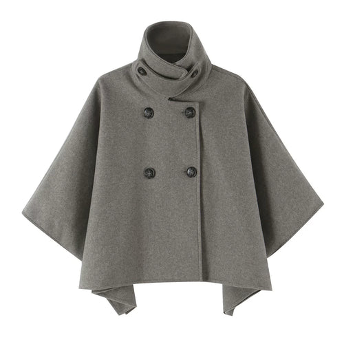 Grey double-breasted cape coat with funnel neck, front view