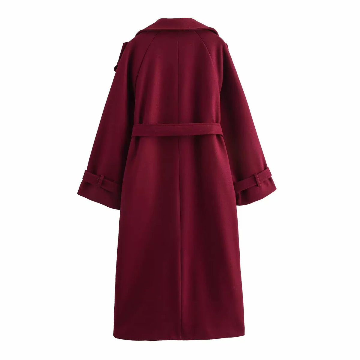 Burgundy long belted coat, back view