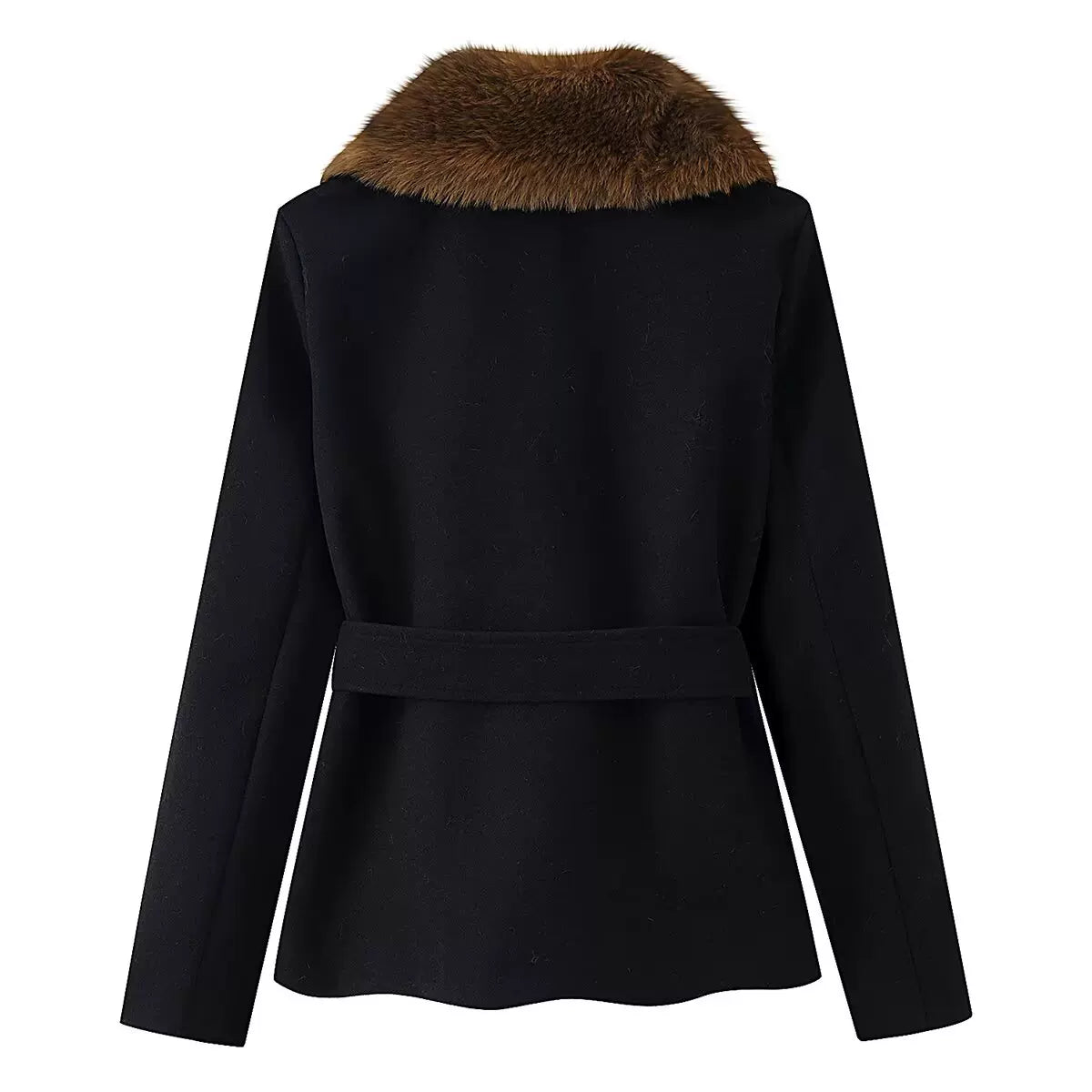 Short black belted coat, back view with tie belt