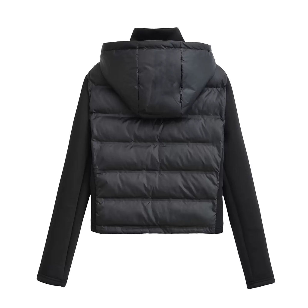 Black hooded quilted jacket, back view
