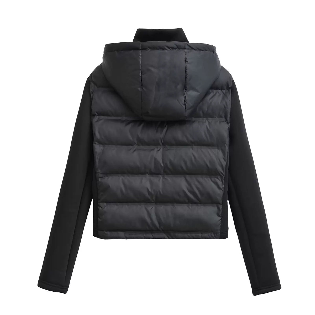 Black hooded quilted jacket, back view
