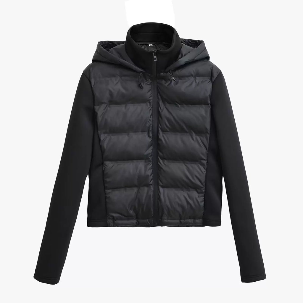 Black hooded quilted jacket with knit sleeves, front view