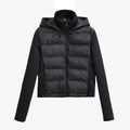 Black hooded quilted jacket with knit sleeves, front view