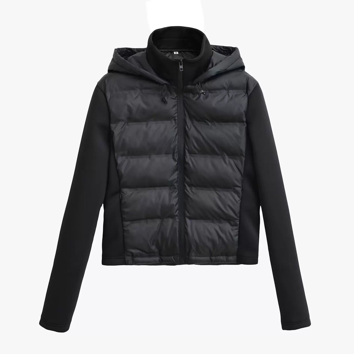 Black hooded quilted jacket with knit sleeves, front view
