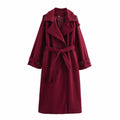 Burgundy long belted double-breasted coat, front view