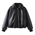 Black padded faux leather bomber jacket, front view