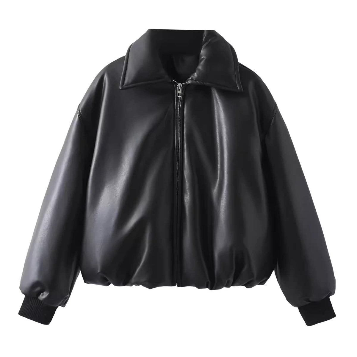 Black padded faux leather bomber jacket, front view