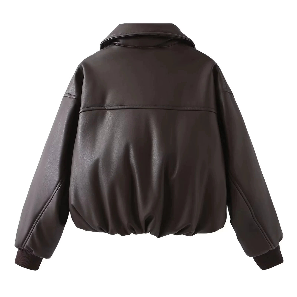 Brown padded faux leather bomber jacket, back view