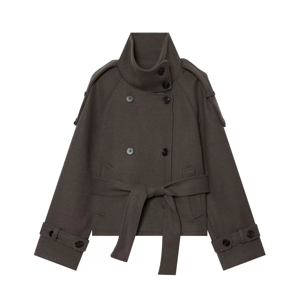 Taupe short double-breasted belted jacket, front view