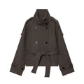 Taupe short double-breasted belted jacket, front view