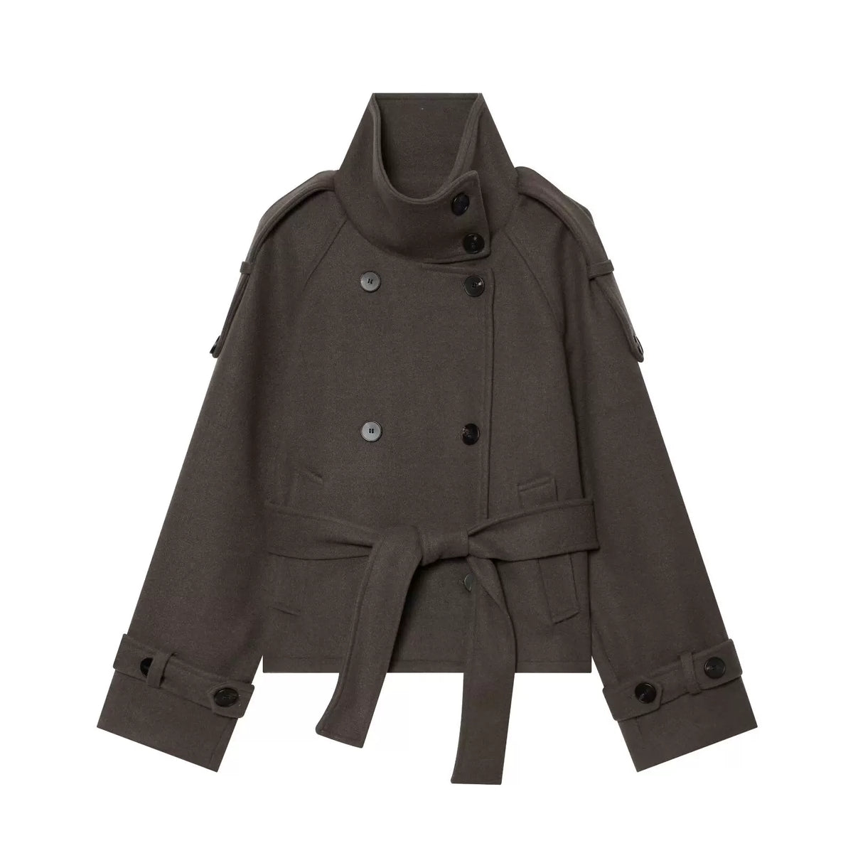 Taupe short double-breasted belted jacket, front view