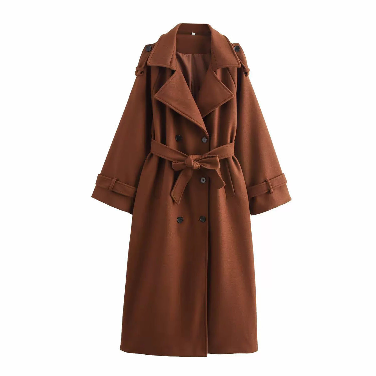 Camel long belted double-breasted coat, front view