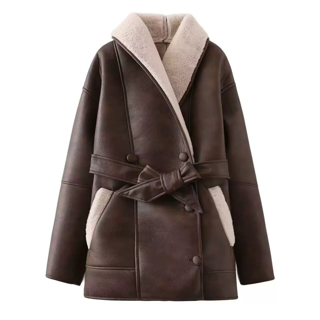 Brown faux shearling-lined belted coat, front view