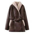 Brown faux shearling-lined belted coat, front view