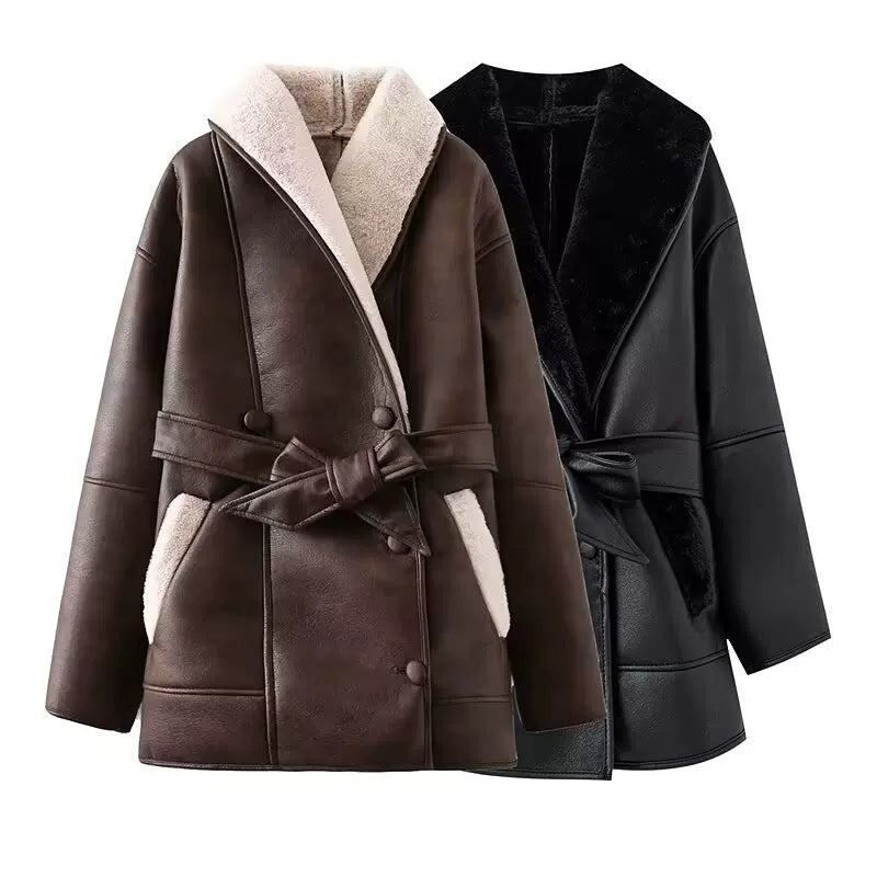 Brown and black faux shearling-lined coats