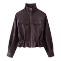 Burgundy faux leather zip jacket with drawstring waist, front view