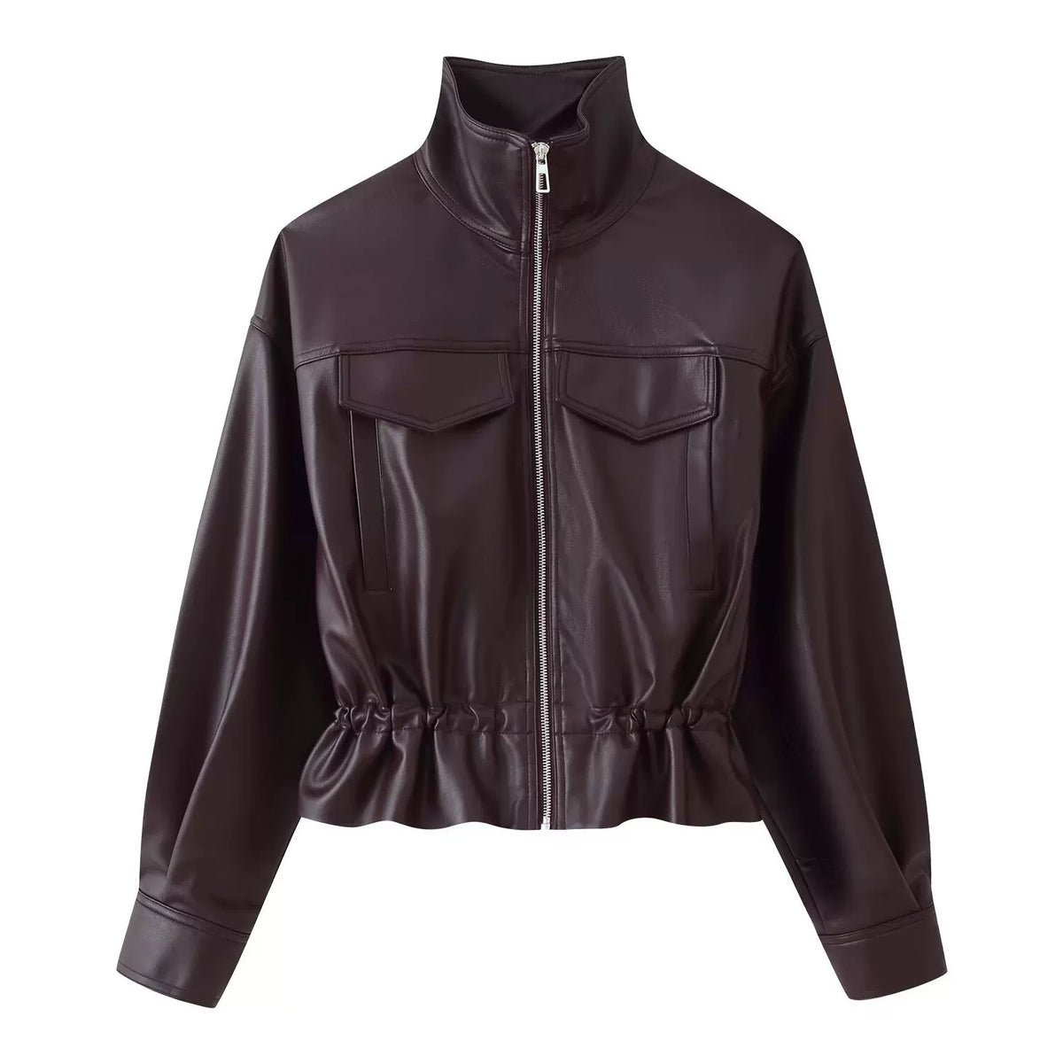 Burgundy faux leather zip jacket with drawstring waist, front view