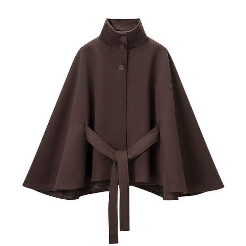Dark brown belted cape with stand collar, front view