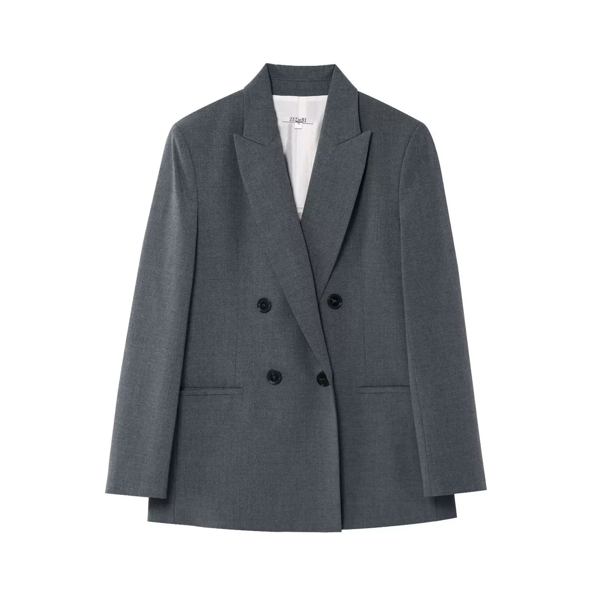 Grey double-breasted blazer, front view