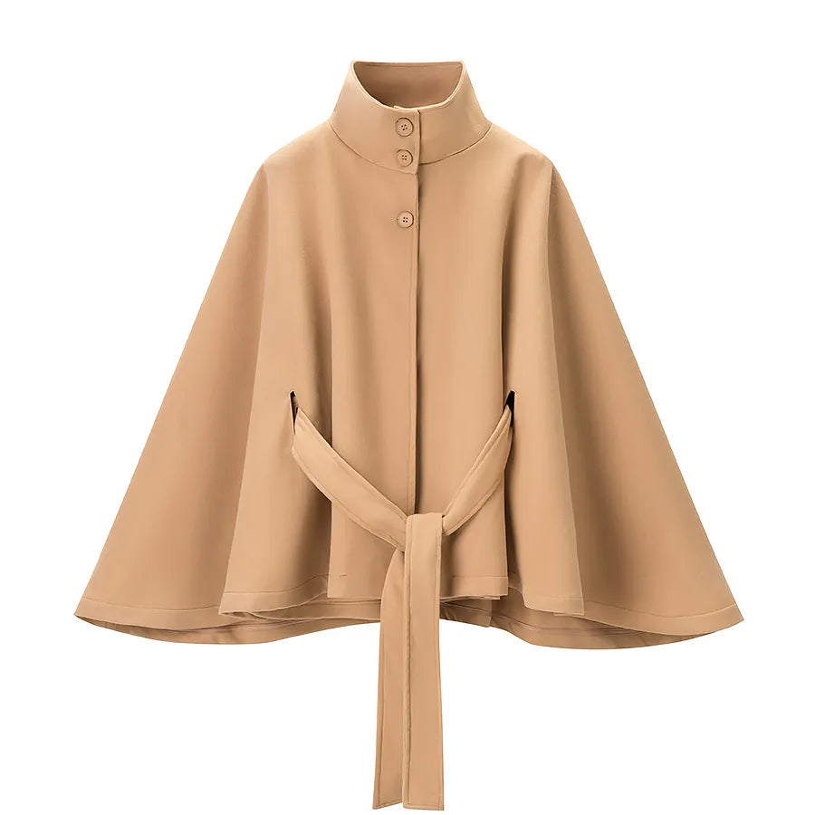 Light khaki belted cape with stand collar, front view