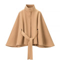 Light khaki belted cape with stand collar, front view