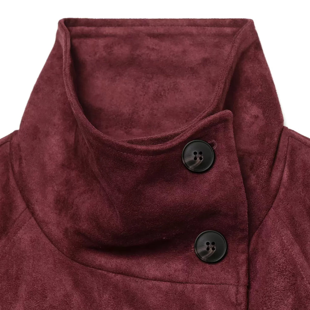 High buttoned collar in burgundy faux suede, close-up