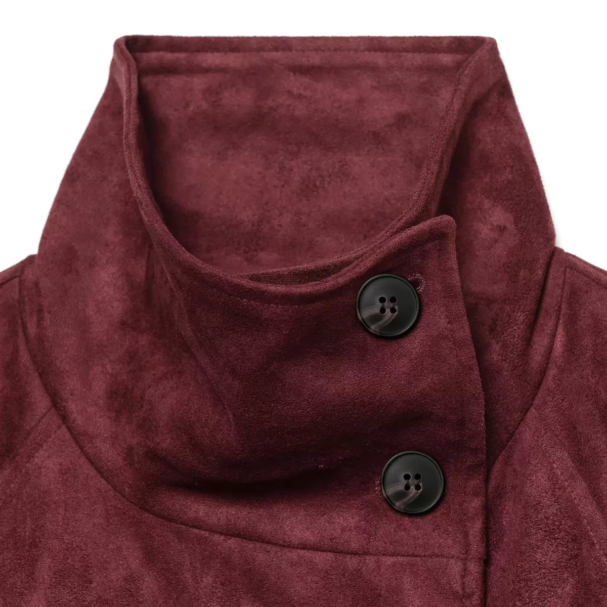 High buttoned collar in burgundy faux suede, close-up
