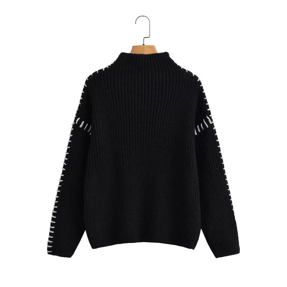 Black chunky knit jumper with contrast stitching, front view