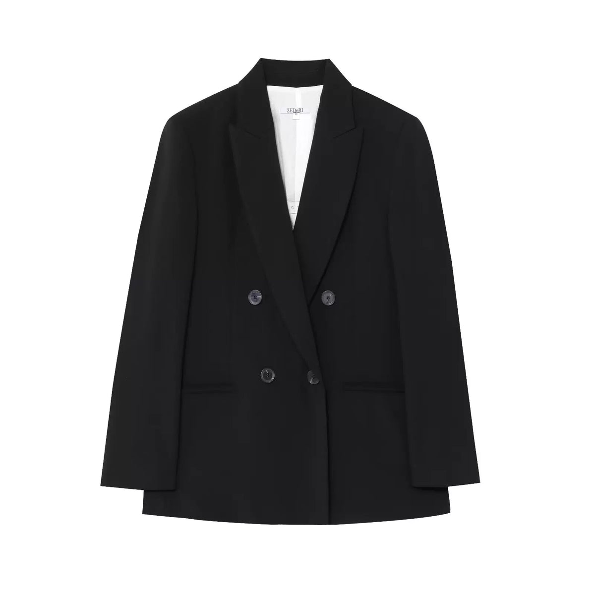 Black double-breasted blazer, front view