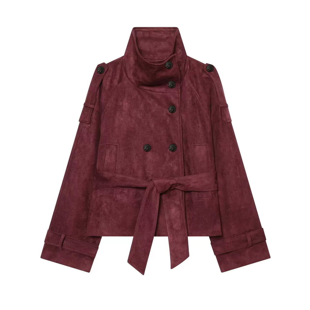 Burgundy faux suede double-breasted jacket with tie belt, front view