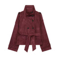 Burgundy faux suede double-breasted jacket with tie belt, front view