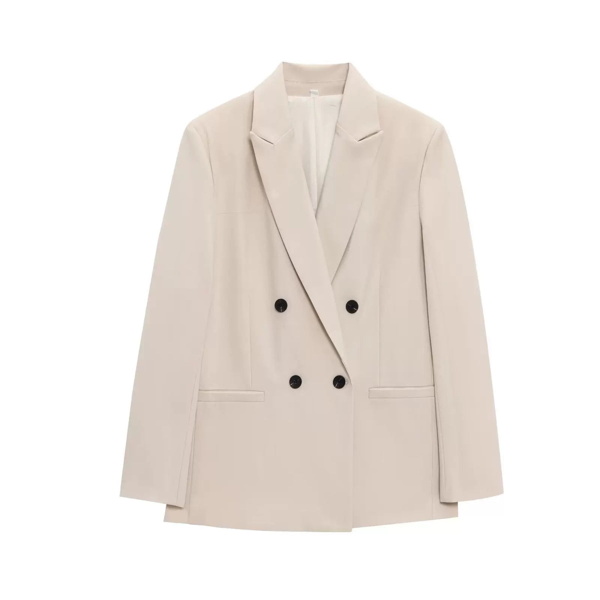 Beige double-breasted blazer, front view