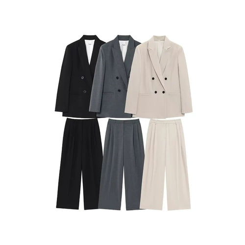 Blazers and wide-leg trousers in black, grey and beige