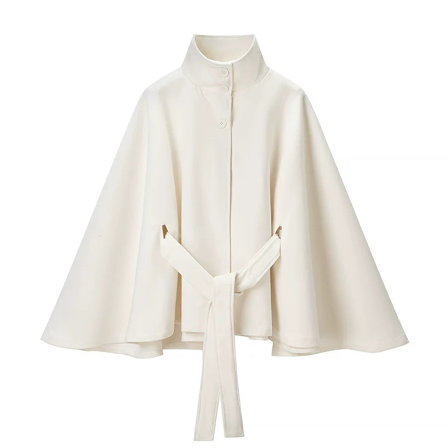 White belted cape with stand collar, front view