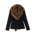 Short black belted coat with brown faux fur collar, front view